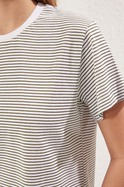 Haki Ekru Cizgili Premium Kal?n Pamuklu Basic Regular/Normal Kal?p Orme T-Shirt TWOSS23TS00043