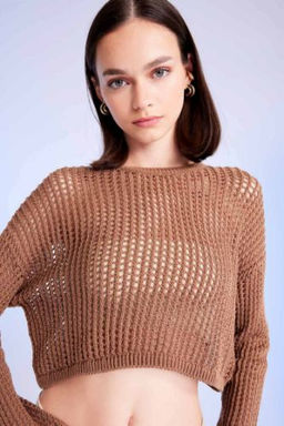 Regular Fit Bisiklet Yaka Krose Ajurlu Delikli Crop Triko Kazak