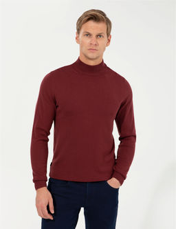 Bordo Slim Fit Yar_m Bal_k__ Yaka Basic Triko Kazak