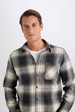 Фланелевая рубашка стандартного кроя с воротником поло и длинными рукавами в клетку - Defacto фото 8