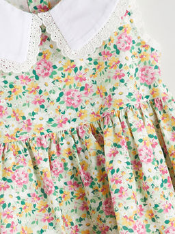 Keten Kar???ml? ?i?ekli K?z ?ocuk Elbise