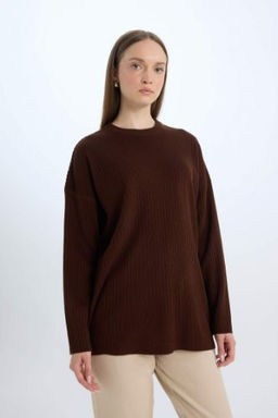 Relax Fit Bisiklet Yaka Basic Duz Triko Tunik Kazak