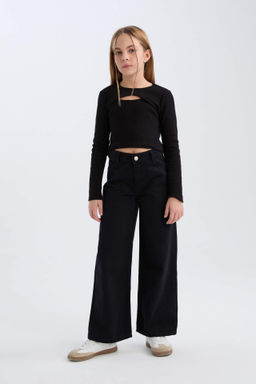K?z Cocuk Wide Leg Genis Bol Paca Pamuklu Cepli Bej Pantolon - Defacto фото 2