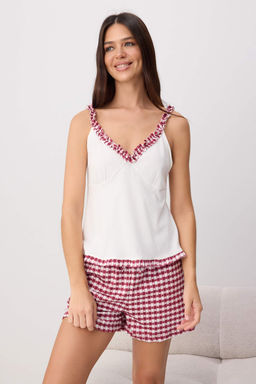 Bordo-Beyaz %100 Pamuklu Ekose ve Kalp Desenli F_rf_rl_ _rme Pijama Tak_m_ THMSS26PT00202
