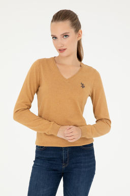 Женский базовый свитер светло-коричневого цвета с v-образным вырезом меланжевого цвета Неожиданная скидка в корзине