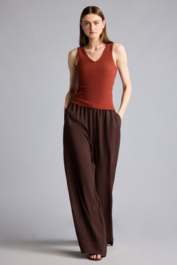 Wide Leg Keten Kar___ml_ Y_ksek bel Pantolon