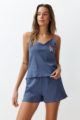 Trendyolmilla Mavi Dokulu Nak?sl? Ip Askl? Sortlu Orme Pijama Tak?m? THMSS24PT00155 фото 3