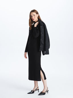 Dik Yaka Ta? ??lemeli Uzun Kollu Kad?n Triko Elbise