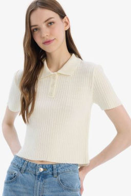 Slim Fit Dar Kesim Polo Yaka K?sa Kollu Kazak