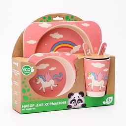 Набор бамбуковой посуды Единорог, тарелка, миска, стакан, приборы, 5 предметов - Крошка я фото 2