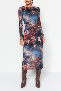 TRENDYOLMILLA Cok Renkli Bisiklet Yaka Bask?l? Astarl? Vucuda Oturan Tul Midi Orme Orme Elbise TWOAW24EL00605 фото 10