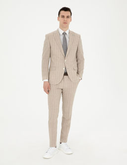 Bej Ekstra Slim Fit _izgili Y_n Tak_m Elbise