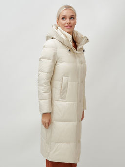 Пальто утепленное стеганное зимнее с капюшоном женское бежевого цвета 9601B - Holdluck фото 18