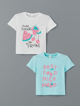 Bisiklet Yaka Bask?l? K?z ?ocuk Ti??rt 2li