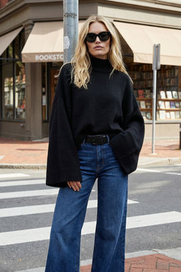 Siyah Genis Kal?p Ispanyol Kol Triko Kazak TWOAW23KZ01838