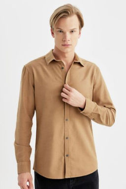 Slim Fit Dar Kesim Polo Yaka Basic Duz Pamuklu Uzun Kollu Gomlek
