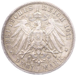 3 марки 1911 года F Германия (Вюртемберг) 25 лет свадьбе Вильгельма II и Шарлотты