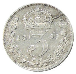 Монета 3 пенса 1891 года Великобритания