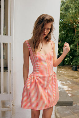 VESTIDO MINI VOLUMEN CUADRO VICHY / Naranja