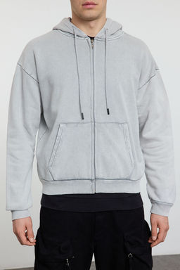 TRENDYOL MAN Gri Oversize/Genis Kesim Fermuarl? Crop/K?sa Kapusonlu Sweatshirt TMNAW25SW00171 - Trendyolmilla фото 3