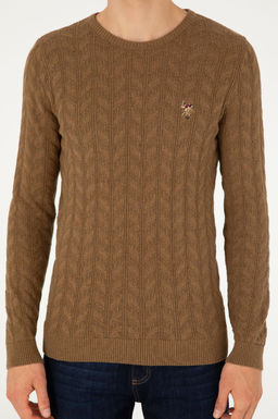 Erkek Slim Fit Bisiklet Yaka Haki Melanj Basic Kazak