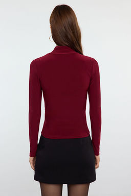 Bordo Fitted/Vucuda Oturan Uzun Kollu Dik Yaka Fitilli Esnek Orme Bluz TWOAW25BZ00078
