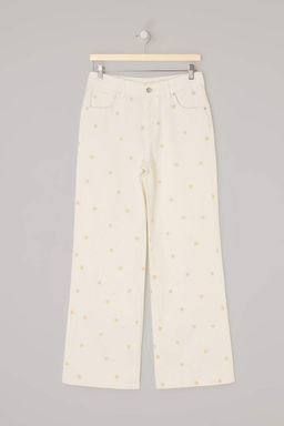 Beyaz Yuksek Bel Wide Leg Cicek Nak?sl? %100 Pamuklu Jeans TWOSS26JE00226