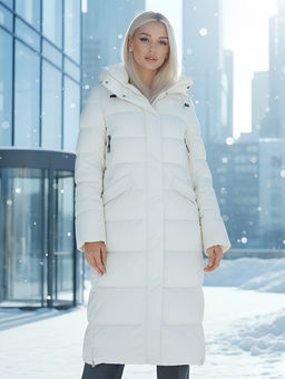 Пальто утепленное стеганное зимнее с капюшоном женское бежевого цвета 9610B