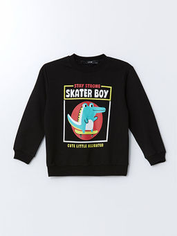 Bisiklet Yaka Bask?l? Erkek Bebek Sweatshirt