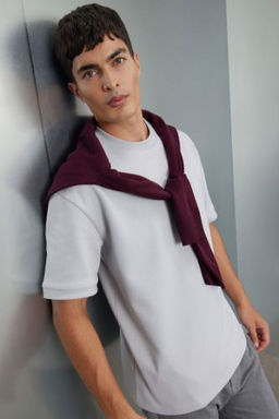 Oversize Genis Kal?p Bisiklet Yaka Ag?r Kumas Basic Duz K?sa Kollu Tisort