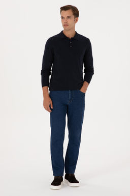 Erkek Slim Fit Polo Yaka Lacivert Basic Kazak