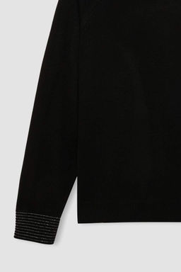 Женский черный свитер-туника стандартного кроя с круглым вырезом и рукавами реглан - Defacto фото 3