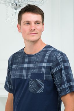 Пижама мужская из футболки с коротким рукавом и брюк из кулирки Макс темно-синяя клетка - Амадэль фото 9