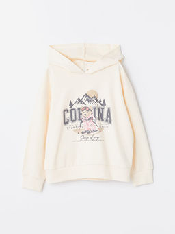Kap??onlu Bask?l? Uzun Kollu K?z ?ocuk Sweatshirt