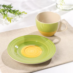 Чайная пара керамическая Доляна Подсолнух, 2 предмета: чашка 200 мл, блюдце d=14,5 см, цвет зелёный  фото 2