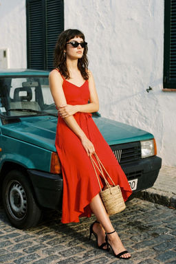 K?rm?z? Kusakl? A-Kesim Volanl?Dugme Detayl? Dokuma Maxi Elbise TWOSS23EL02271