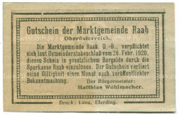 20 геллеров 1920 года Австрия  Рааб (нотгельд)