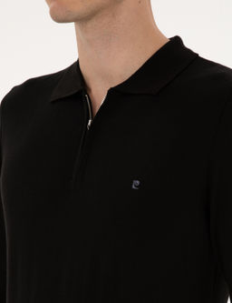 Siyah Slim Fit Polo Yaka Fermuarl_ Basic Triko Kazak - Pierre cardin фото 7
