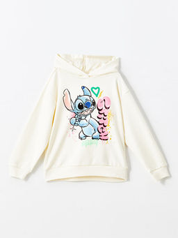 Kap??onlu Stitch Bask?l? K?z ?ocuk Sweatshirt