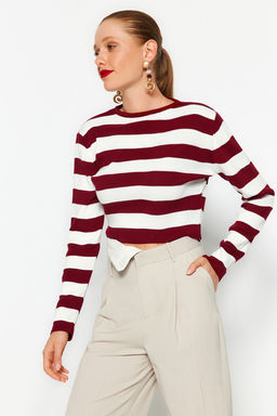 Bordo Crop Basic Cizgili Triko Kazak TWOAW23KZ00034 - Trendyolmilla фото 3