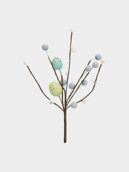 Ветка декоративная, 20 см, пенопласт/бумага, Ветка с зелеными яйцами, Interior Easter