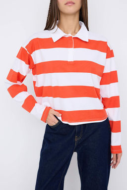 Turuncu Cizgili Polo Yaka Relaxed Crop/Rahat K?sa Orme T-shirt TWOAW26TS00011 - Trendyolmilla фото 11