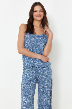 Trendyolmilla Mavi %100 Pamuklu Cicekli Ip Ask?l? Dokuma Pijama Tak?m? THMSS24PT00307  фото 3