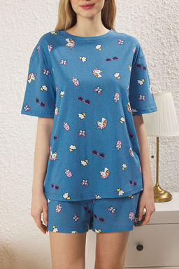 Trendyolmilla Mavi %100 Pamuklu Eglence Desenli Sortlu Orme Pijama Tak?m? THMSS25PT00253  фото 3