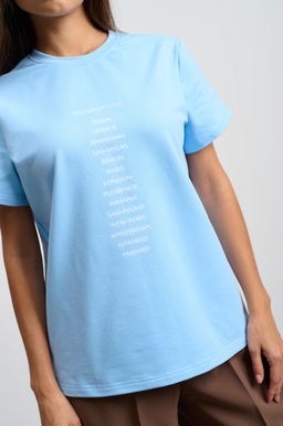 Футболка женская голубая "Зачеркнутые города"