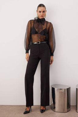 Siyah Genis Paca Dokuma Pantolon TPRAW22PL0402