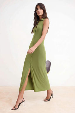 Lacivert Bodycon Gomlek Yaka Dugmeli Kolsuz Maxi Esnek Orme Elbise TWOSS26EL00265 - Trendyolmilla фото 8