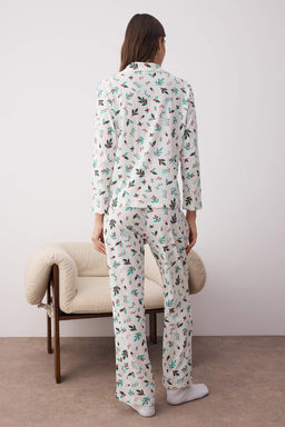 Ekru-Yesil %100 Pamuklu Cicekli Biyeli Orme Pijama Tak?m? THMAW26PT00058 - Trendyolmilla фото 4
