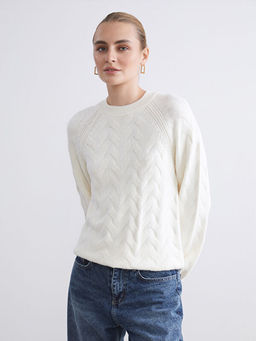 Bisiklet Yaka Kendinden Desenli Kad?n Triko Kazak