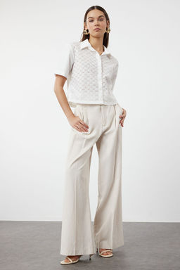 Ekru Brodeli Crop Dokuma Gomlek TWOSS24GO00225 - Trendyolmilla фото 2